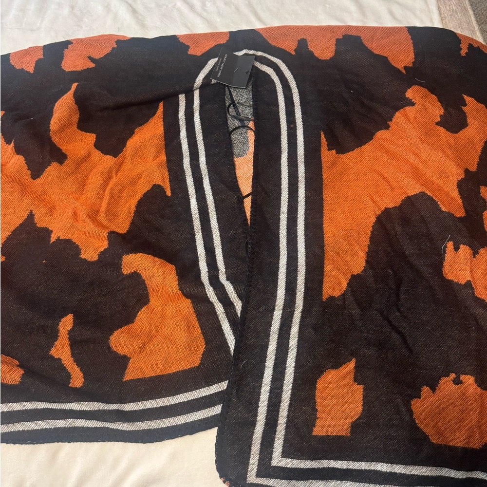 Marc New York Orange and Black Patterned Shawl cape with tassel tie